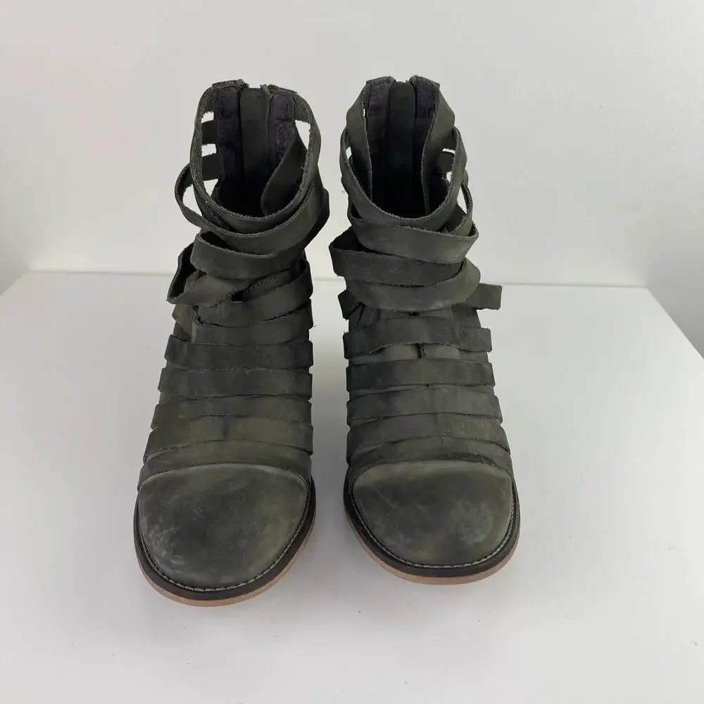 Free People Hybrid Gray Green Leather Strappy Ankle Boots Wood Heel 38 7.5/8